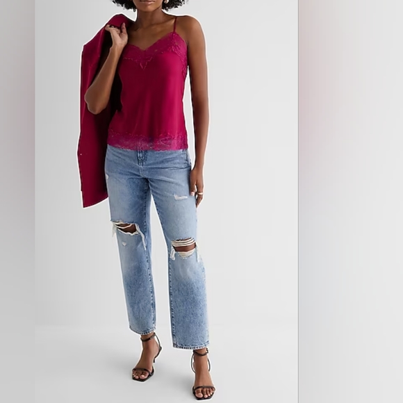 EXPRESS: Satin Lace Trim V-Neck Downtown Cami - Picture 5 of 8